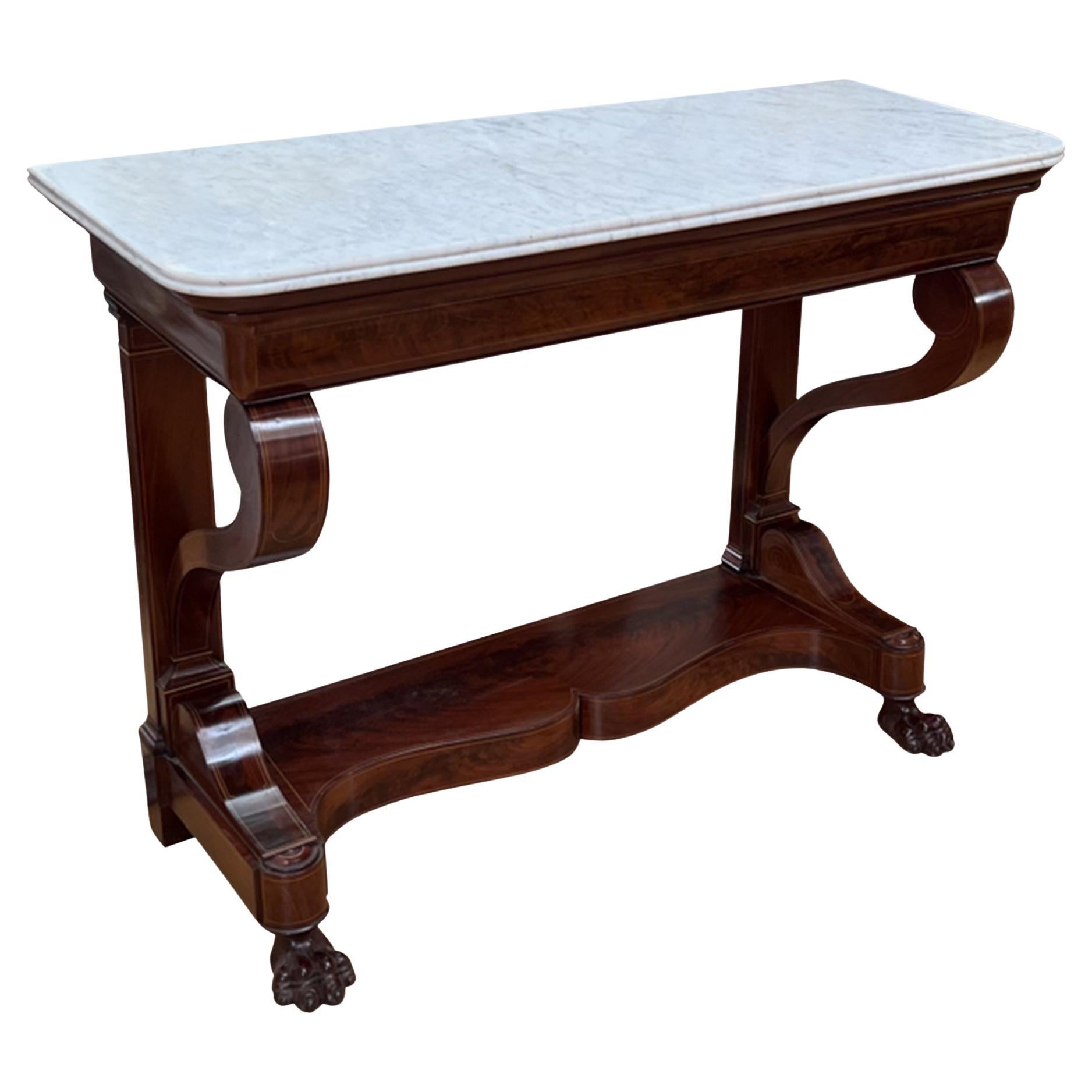 French 19th C Mahogany Console Table, Marble Top & Cushion Drawer For Sale