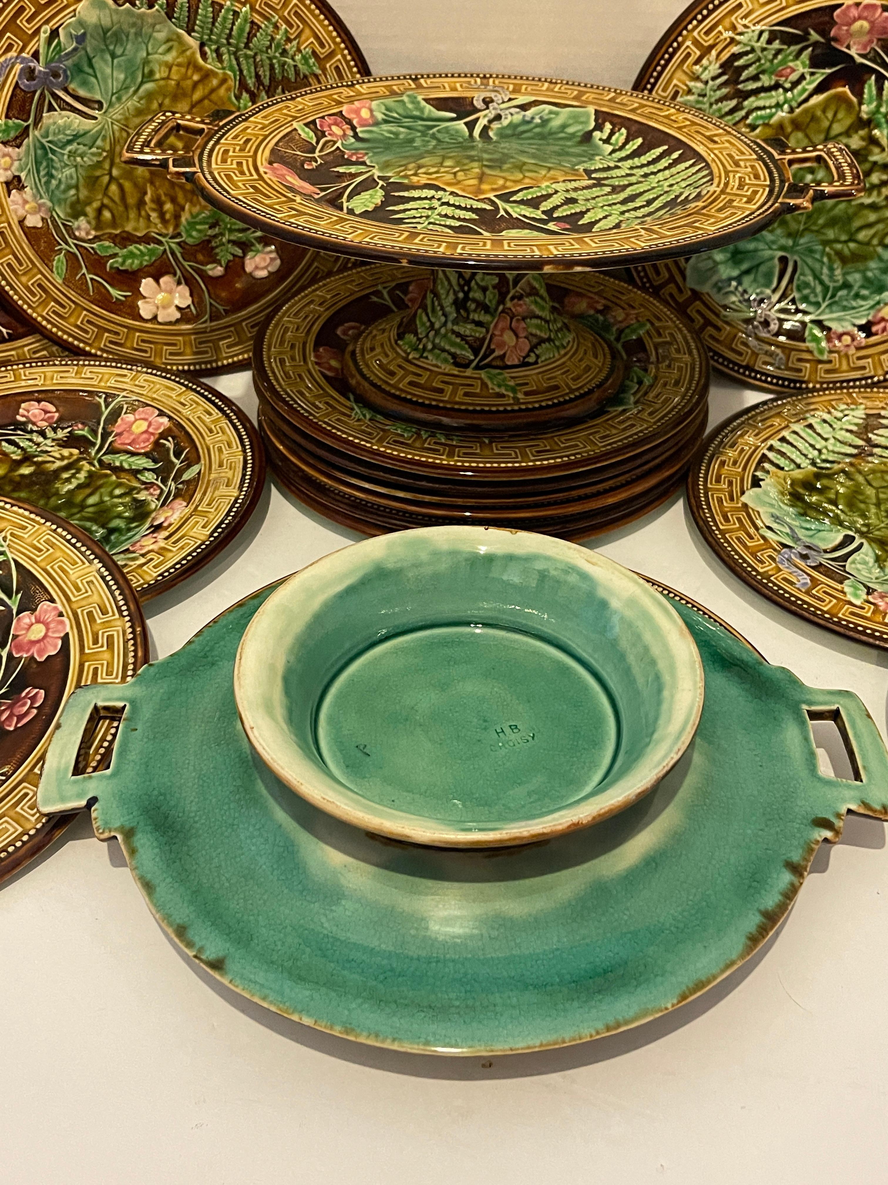 French 19th C. Majolica Set of 12 Plates & dishes, Choisy Le Roi, C.1880 12