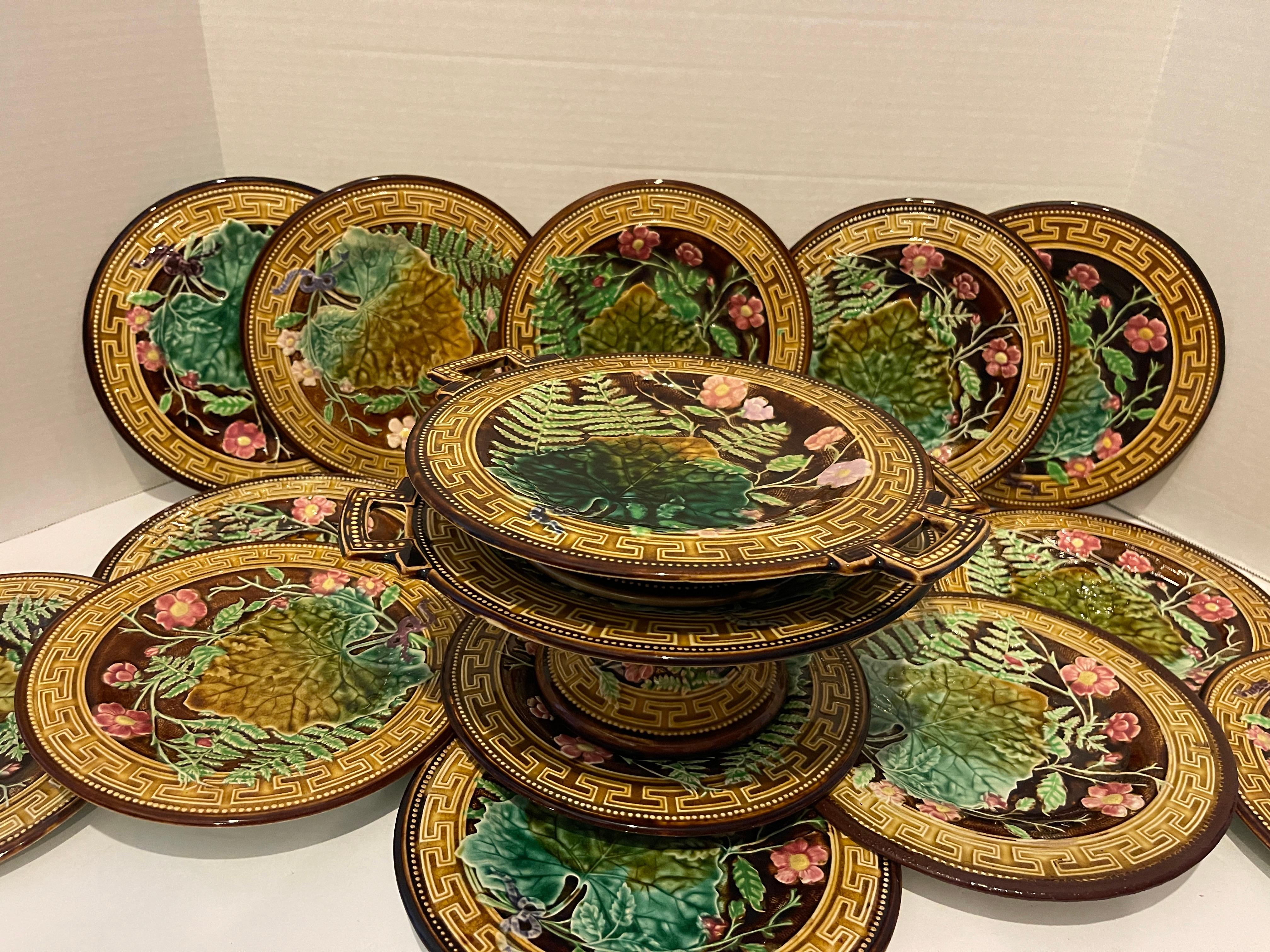 Late 19th Century French 19th C. Majolica Set of 12 Plates & dishes, Choisy Le Roi, C.1880