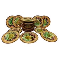 Antique French 19th C. Majolica Set of 12 Plates & dishes, Choisy Le Roi, C.1880