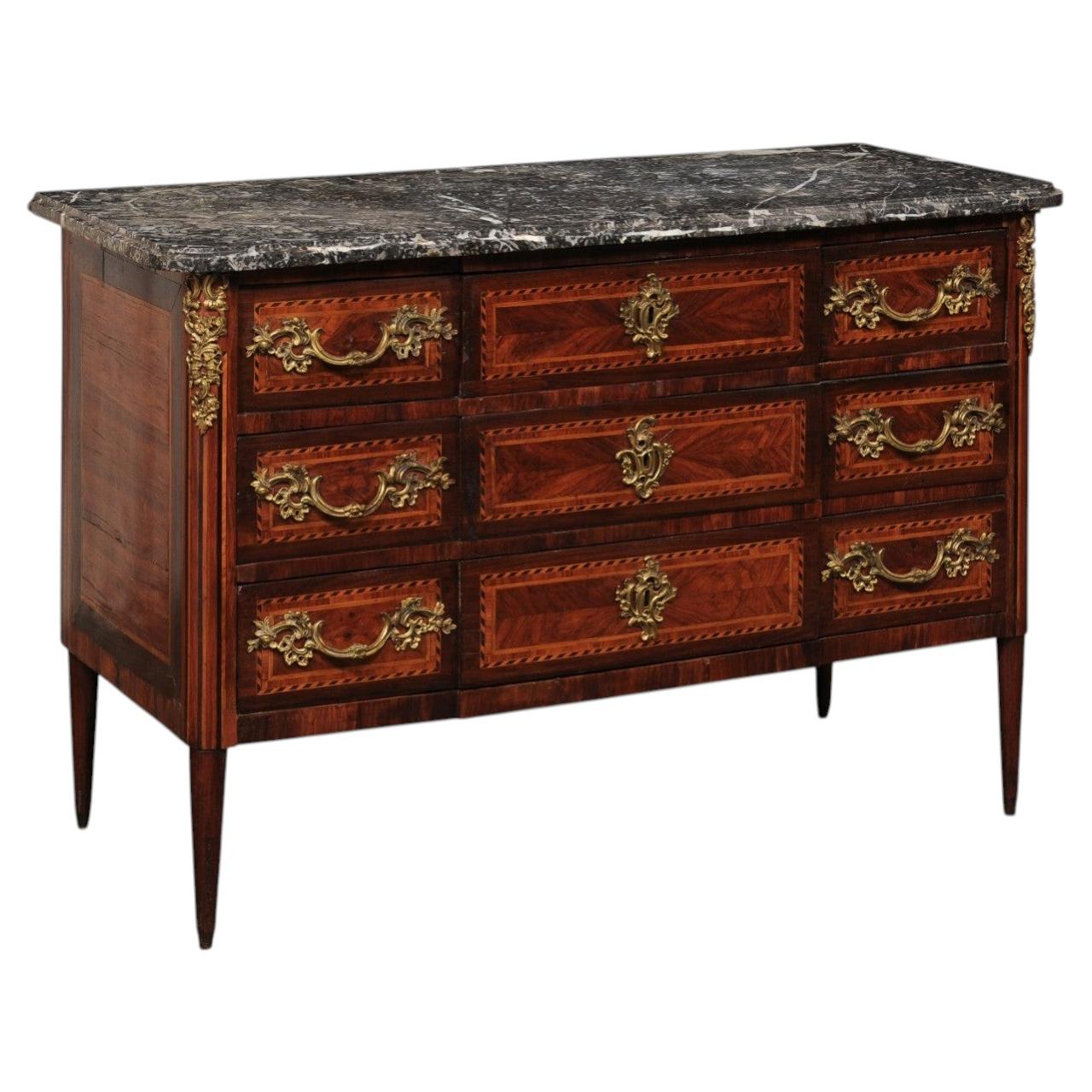French 19th C. Marble Top Commode w/Inlay, Veneers, and Brass Rococo Hardware For Sale