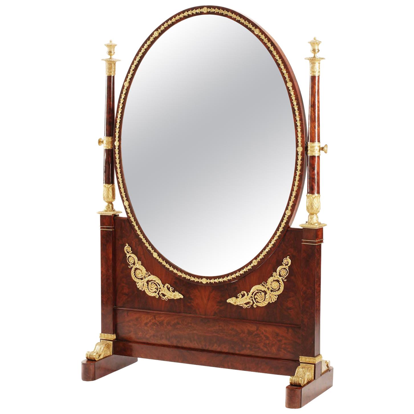 French Napoleon III Empire Style Mahogany and Ormolu Mounted Cheval Mirror