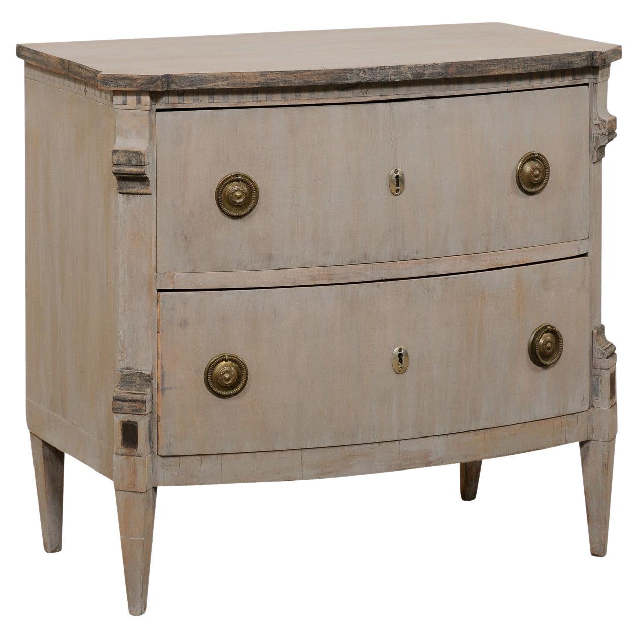 French 19th C. Neoclassical Bow-Front Commode in Blue/Gray w/Charcoal Trim For Sale