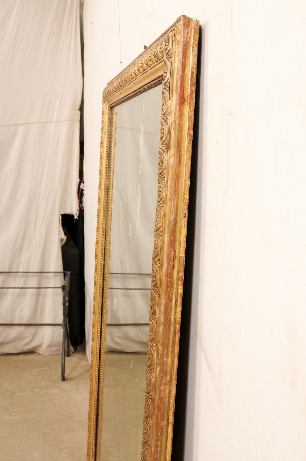 19th Century French 19th C. Nicely-Trimmed & Gilt Wood Mirror, 6+ Ft Tall For Sale
