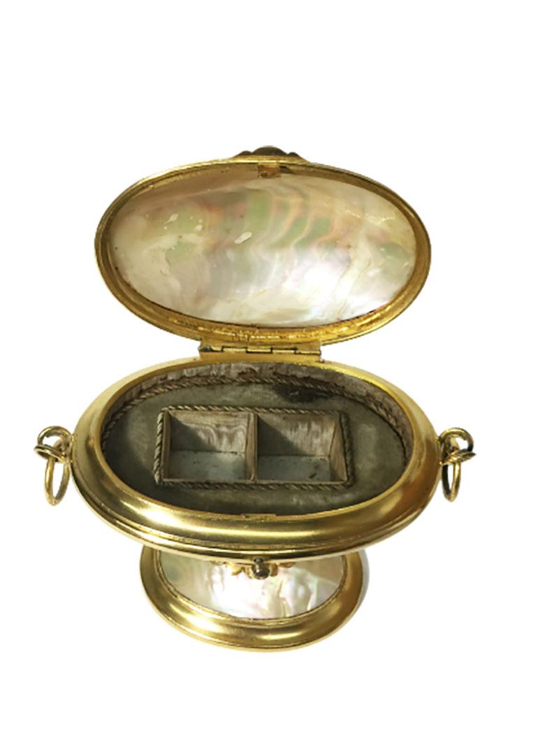 French Ormolu Mother of Pearl Egg Shaped Enamel Perfume Bottles in Box For Sale 3
