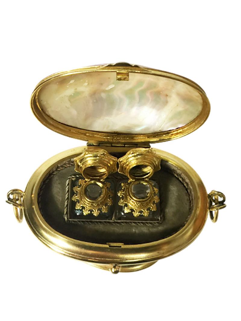 19th Century French Ormolu Mother of Pearl Egg Shaped Enamel Perfume Bottles in Box For Sale