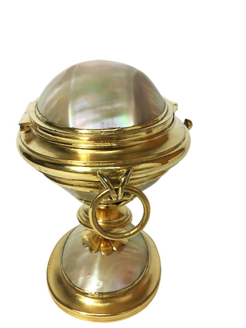 French Ormolu Mother of Pearl Egg Shaped Enamel Perfume Bottles in Box For Sale 1