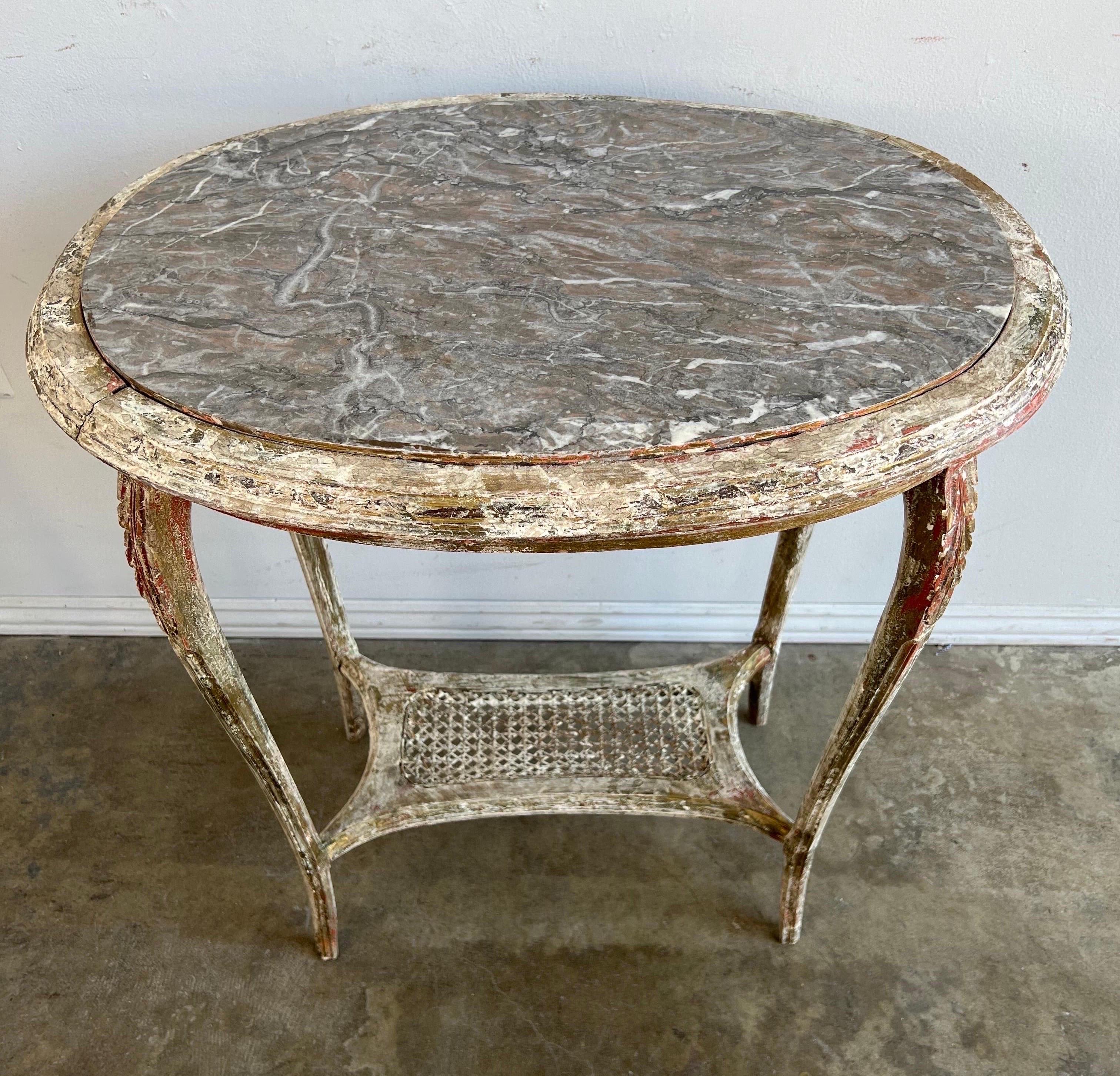 French Provincial French 19th C. Painted & Giltwood Side Table W/ Marble Top