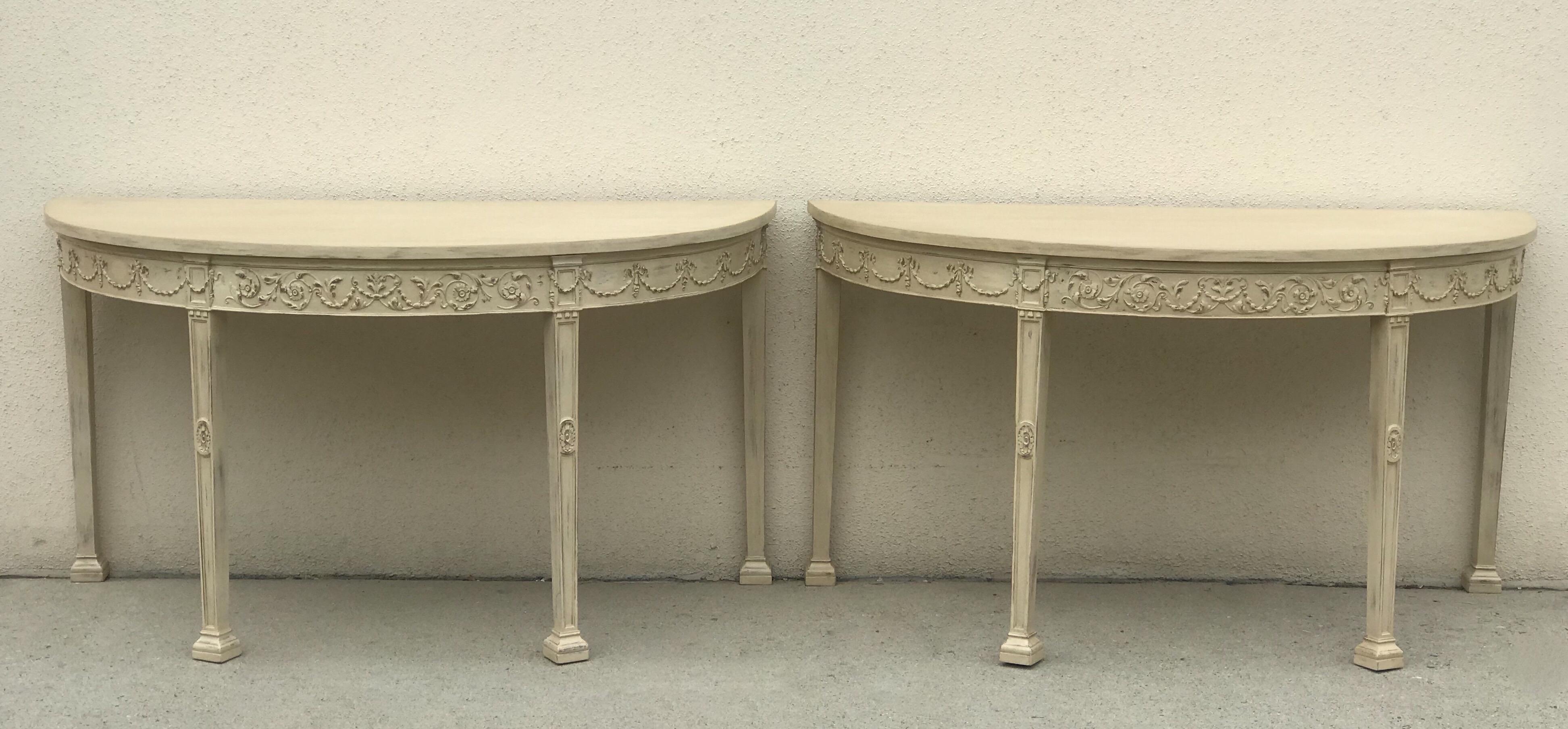 French 19th Century Painted Neoclassical Demilune Console Tables, a Pair 5