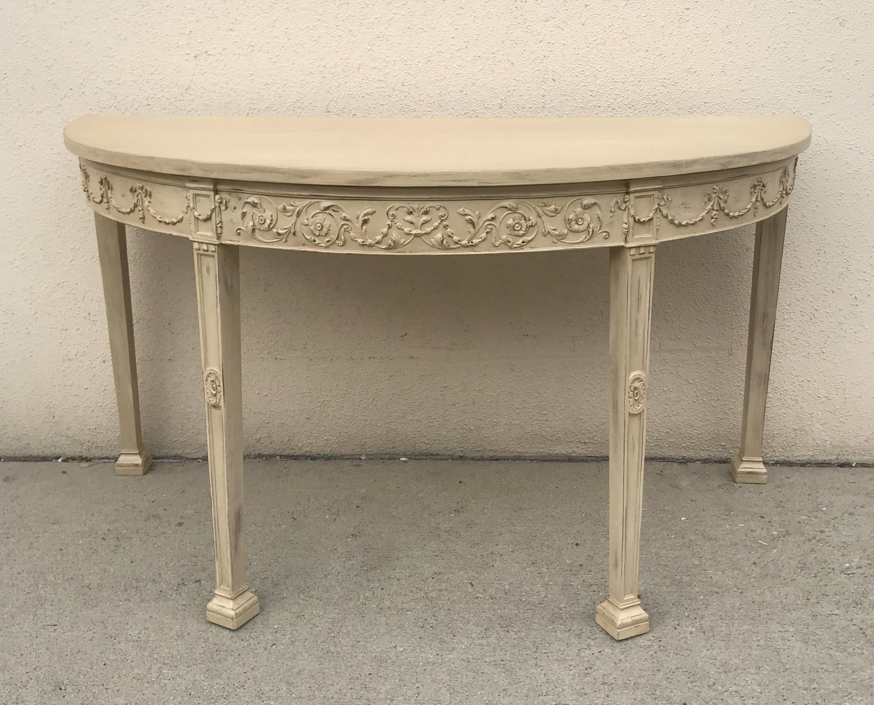 Hand-Painted French 19th Century Painted Neoclassical Demilune Console Tables, a Pair