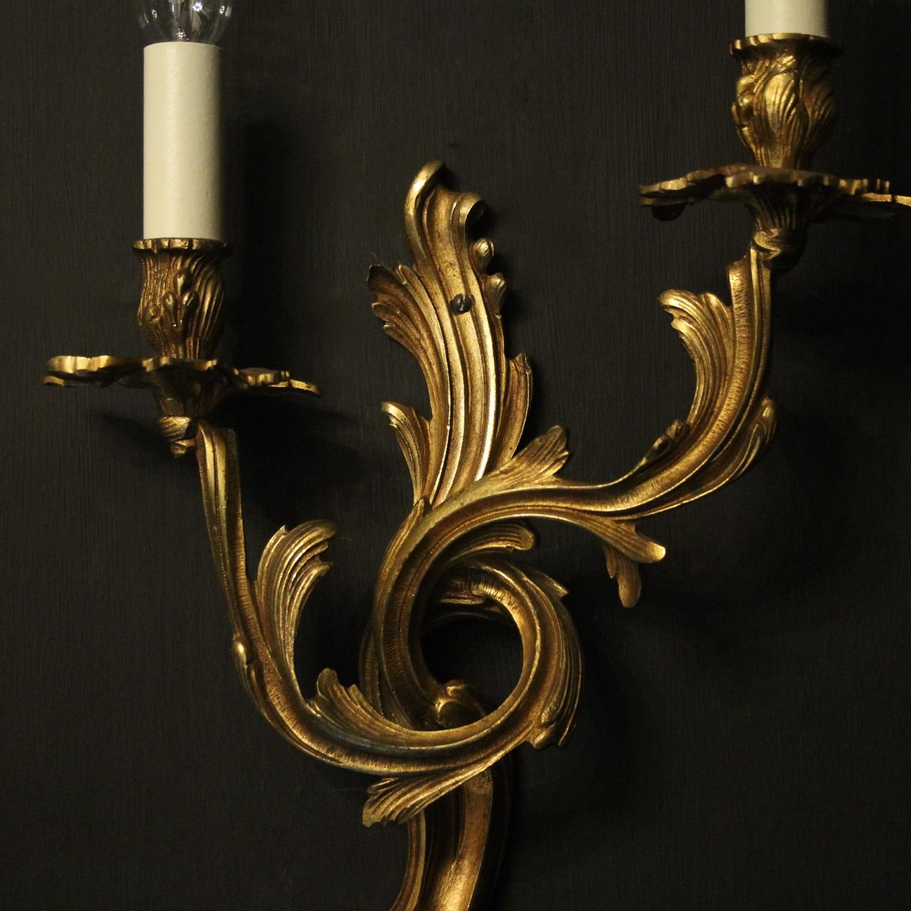 Rococo French 19th Century Pair of Gilded Bronze Antique Wall Sconces
