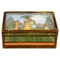 French 19th c Paper Covered Box With Mother & Children Diorama Under Glass Top