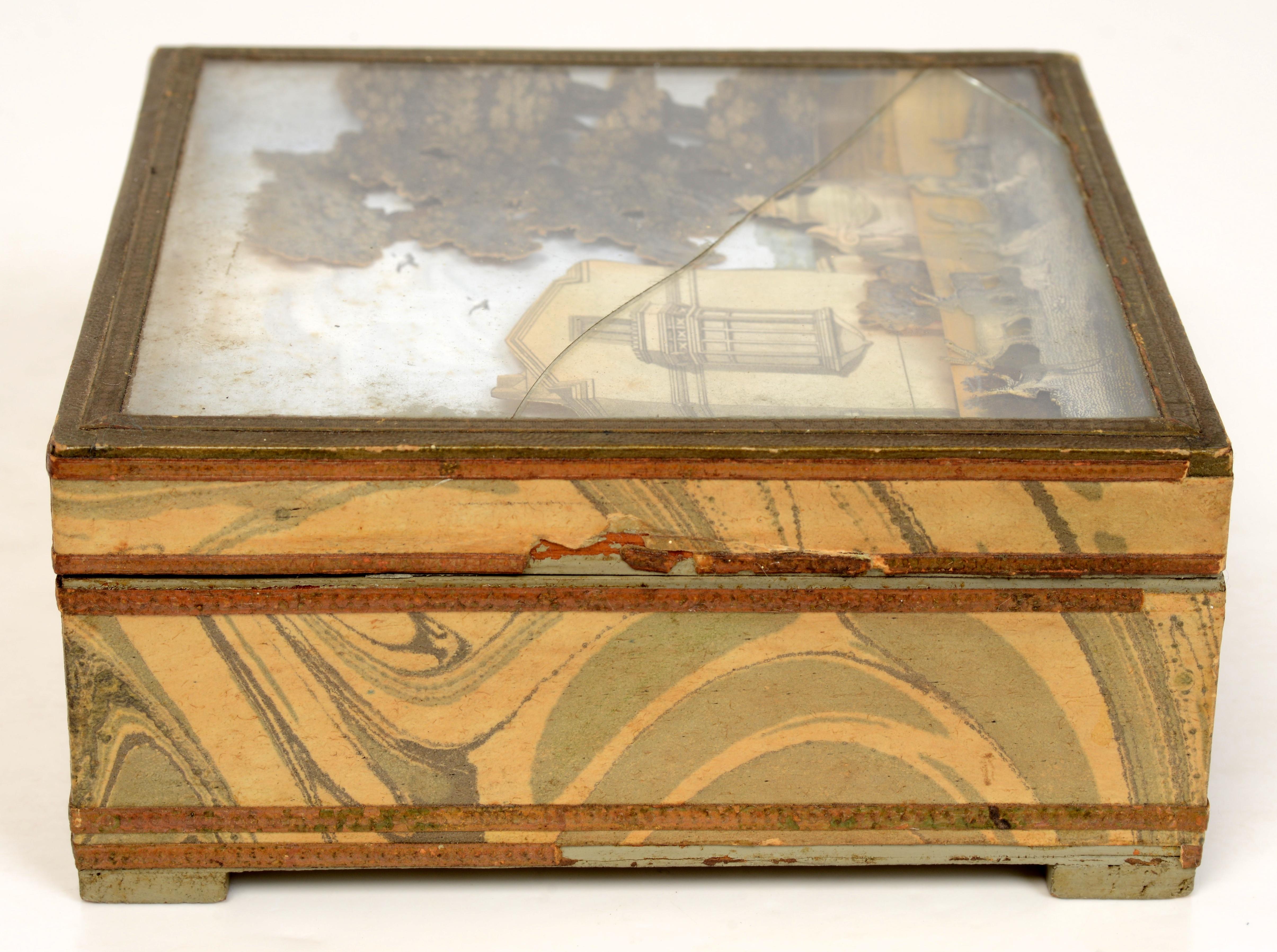 Mid-19th Century French 19th c Paper Covered Box With Neo-Classical Diorama Under the Glass Top For Sale