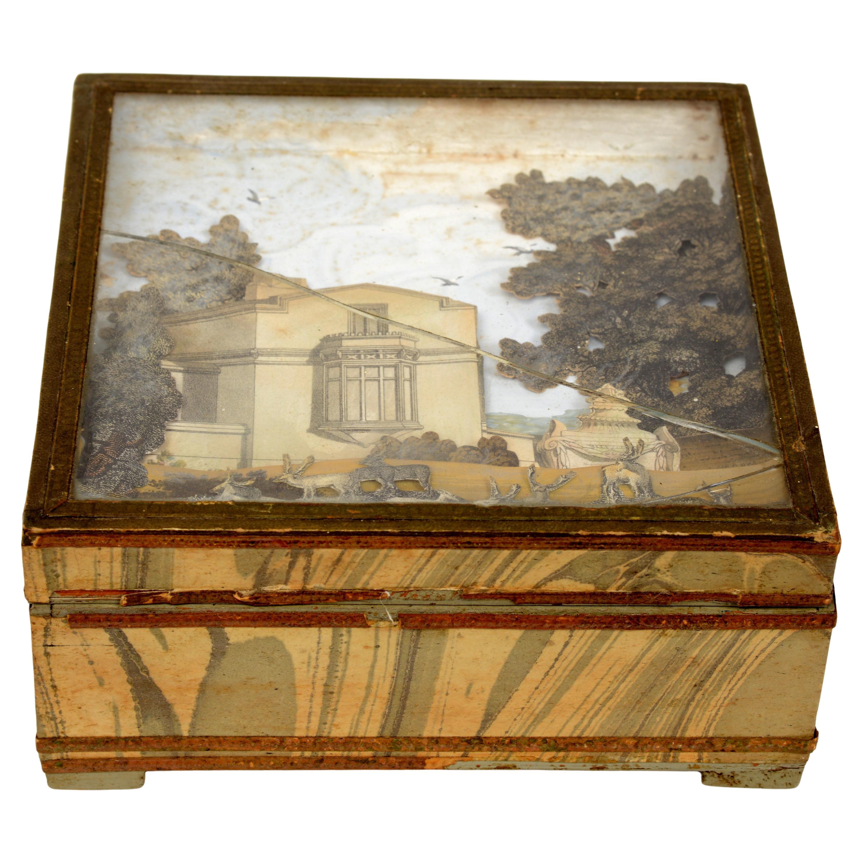 French 19th c Paper Covered Box With Neo-Classical Diorama Under the Glass Top For Sale