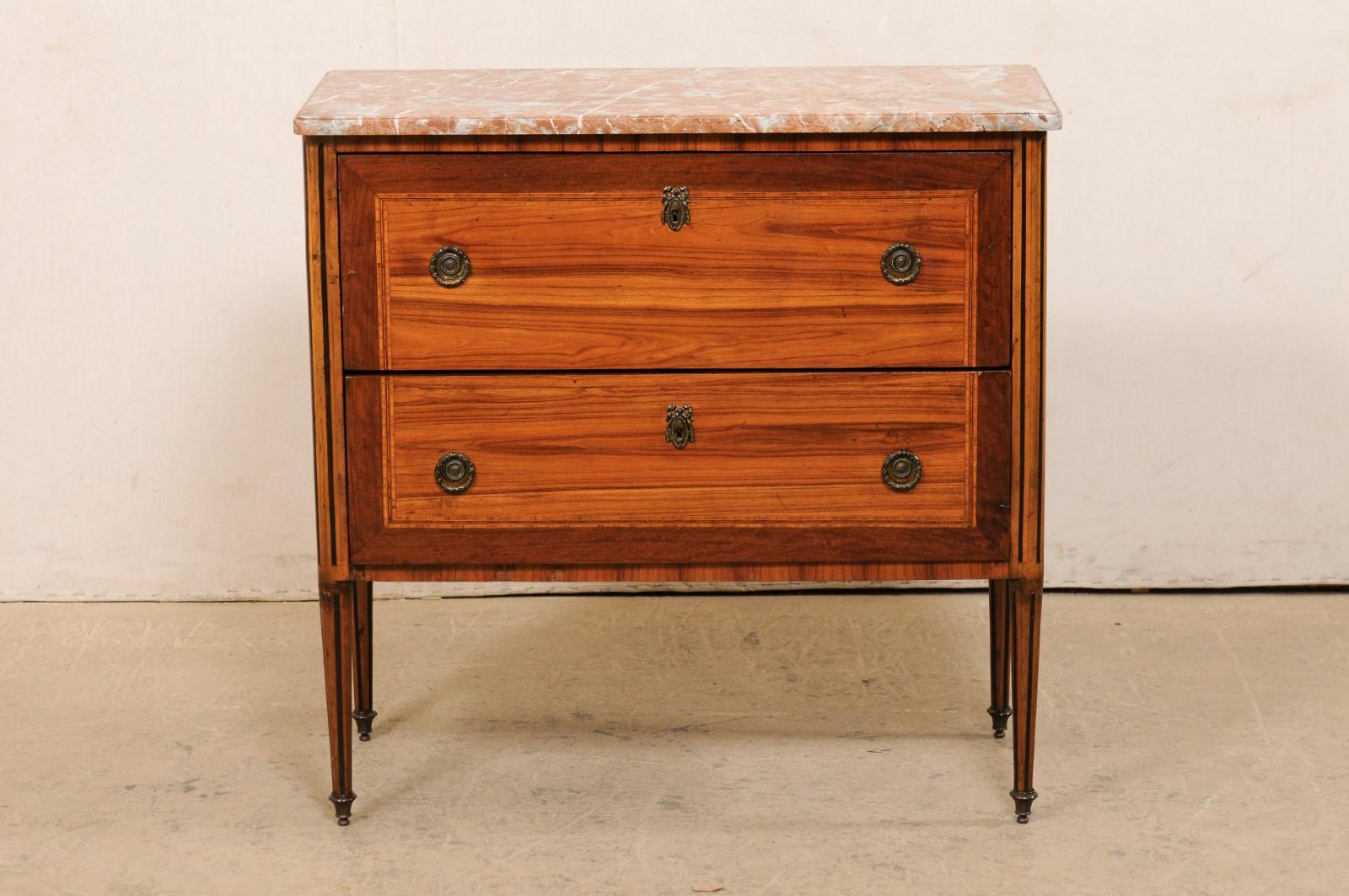 French 19th C Raised Commode w/ Lovely Inlays, Marble Top & Neoclassic Hardware In Good Condition For Sale In Atlanta, GA