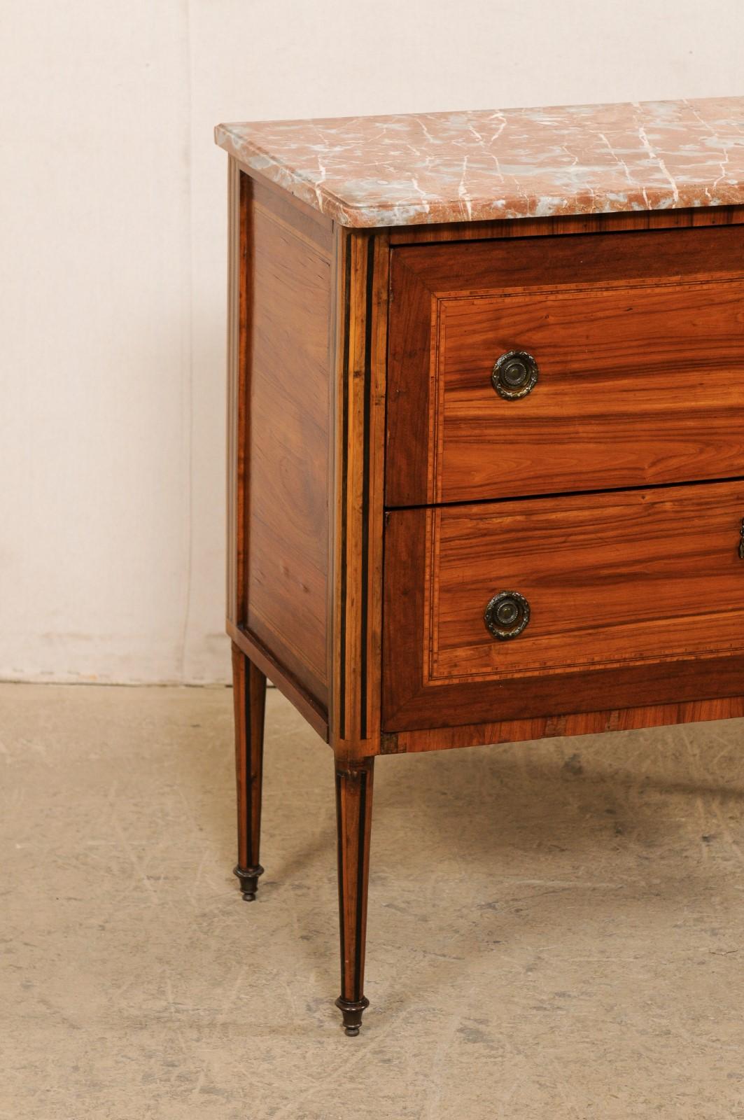 French 19th C Raised Commode w/ Lovely Inlays, Marble Top & Neoclassic Hardware For Sale 1