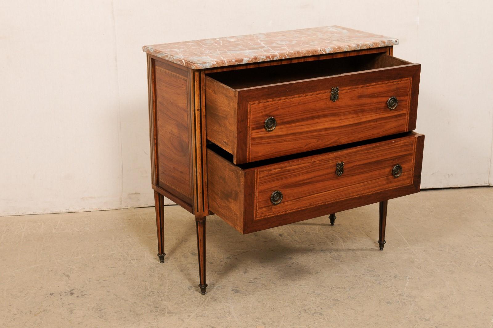 French 19th C Raised Commode w/ Lovely Inlays, Marble Top & Neoclassic Hardware For Sale 4