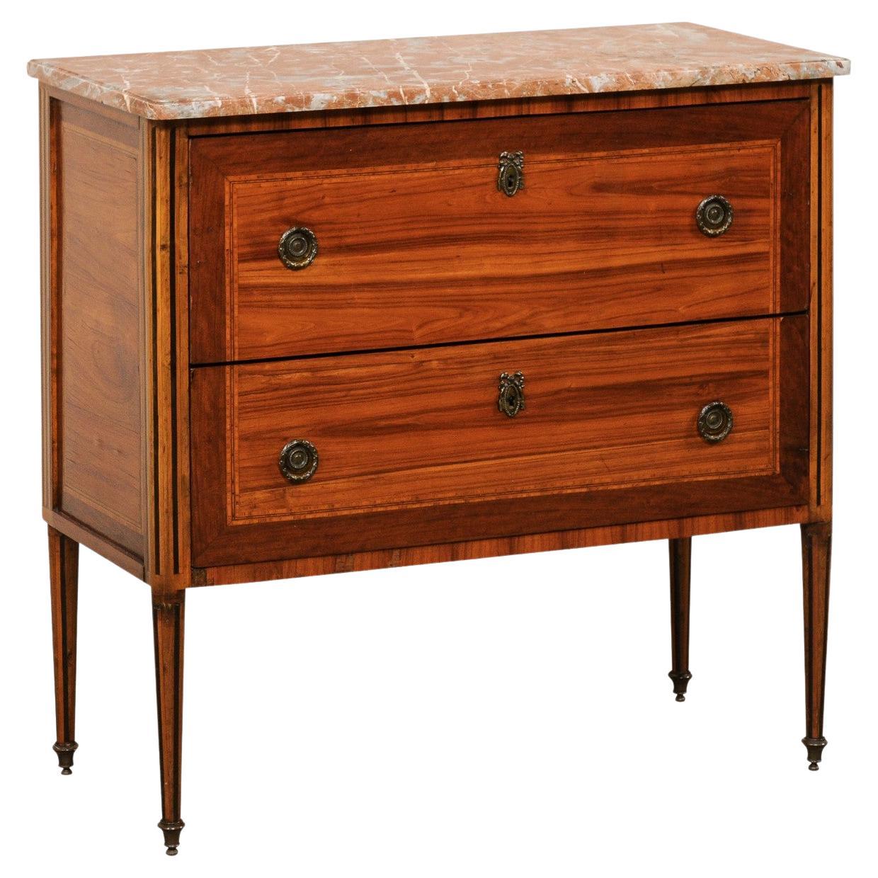 French 19th C Raised Commode w/ Lovely Inlays, Marble Top & Neoclassic Hardware For Sale