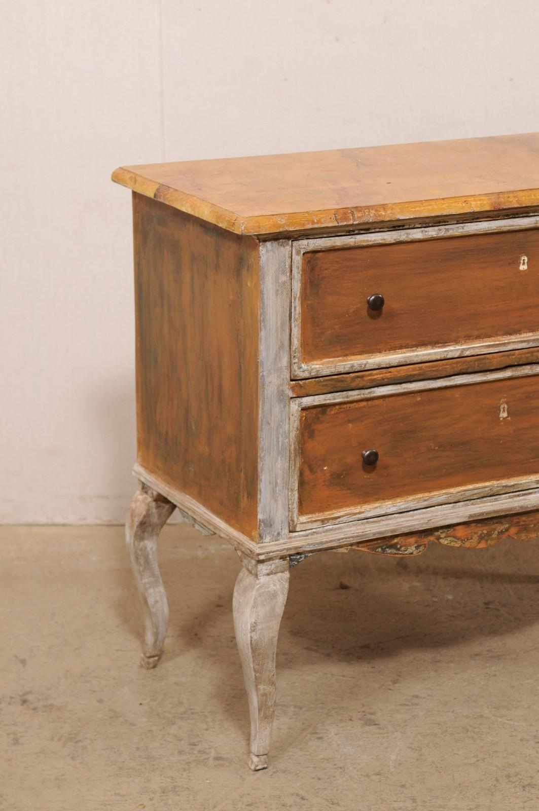 Wood French 19th C. Raised Two-Drawer Chest w/ Faux-Marble Top & Exaggerated Knees For Sale