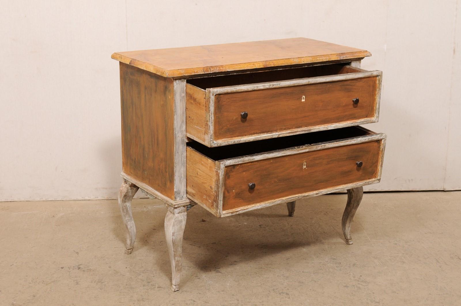 French 19th C. Raised Two-Drawer Chest w/ Faux-Marble Top & Exaggerated Knees For Sale 1