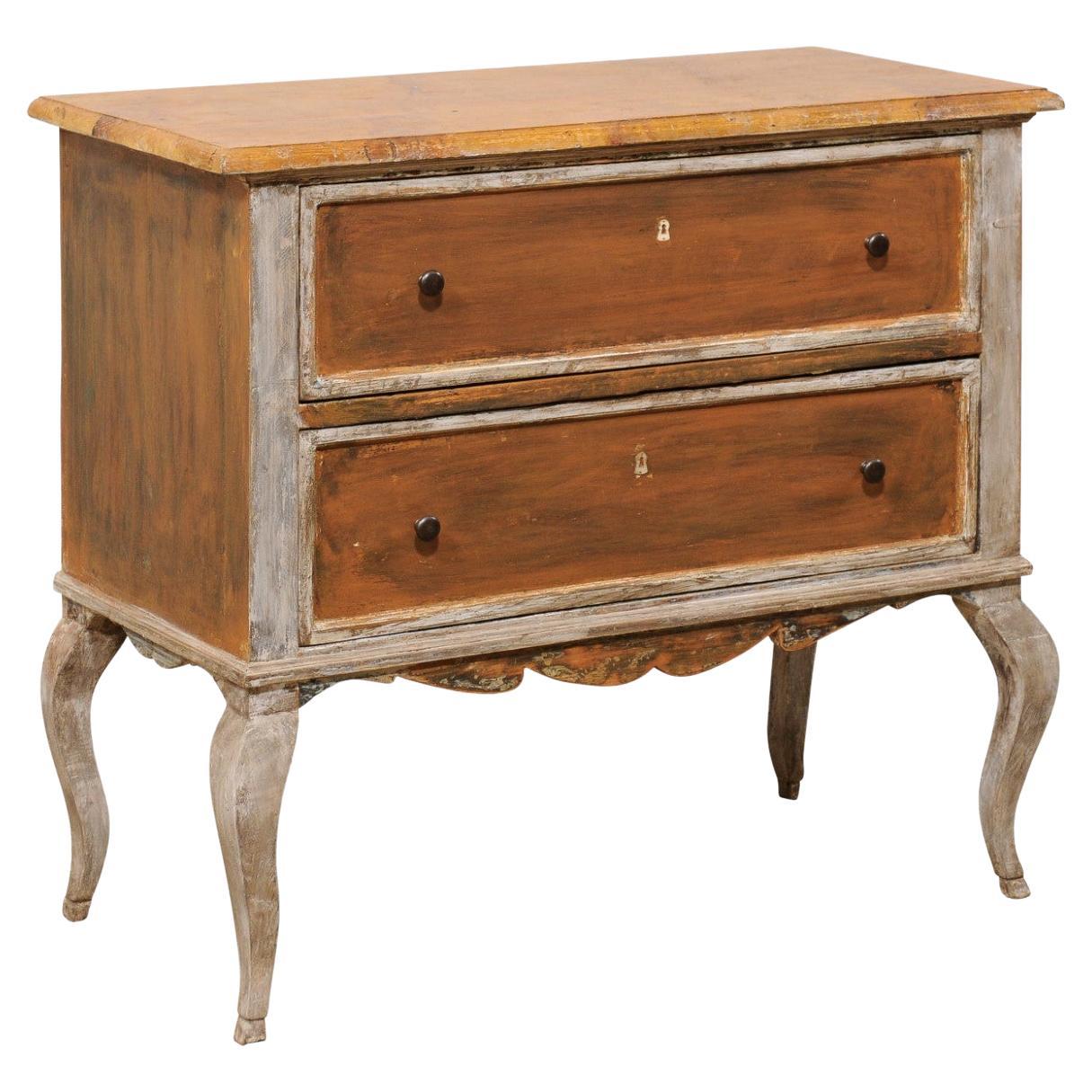 French 19th C. Raised Two-Drawer Chest w/ Faux-Marble Top & Exaggerated Knees For Sale