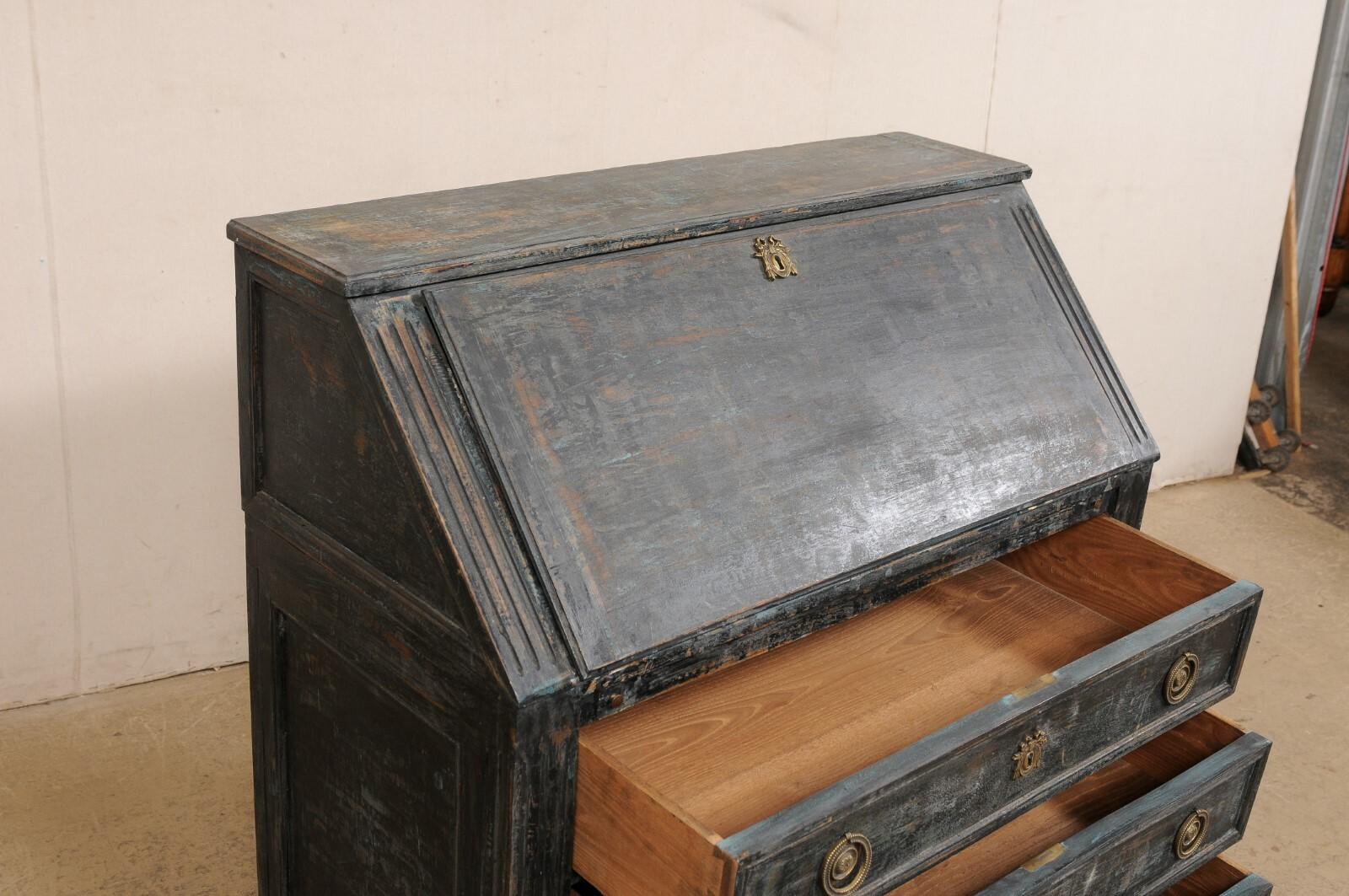 French 19th C. Secretary Chest Neoclassic Brass Hardware, Black Finish w/Blue For Sale 4