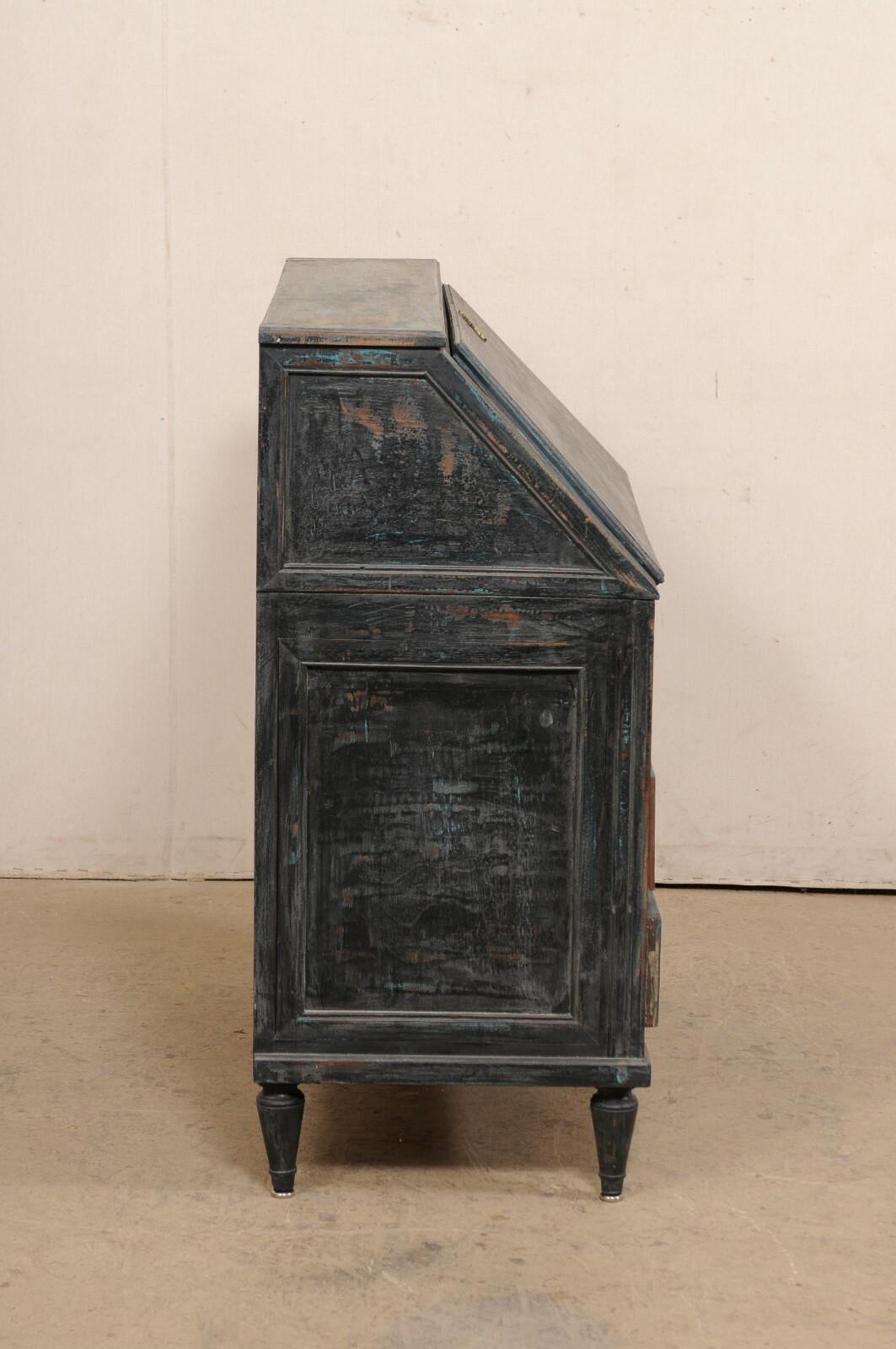French 19th C. Secretary Chest Neoclassic Brass Hardware, Black Finish w/Blue For Sale 5