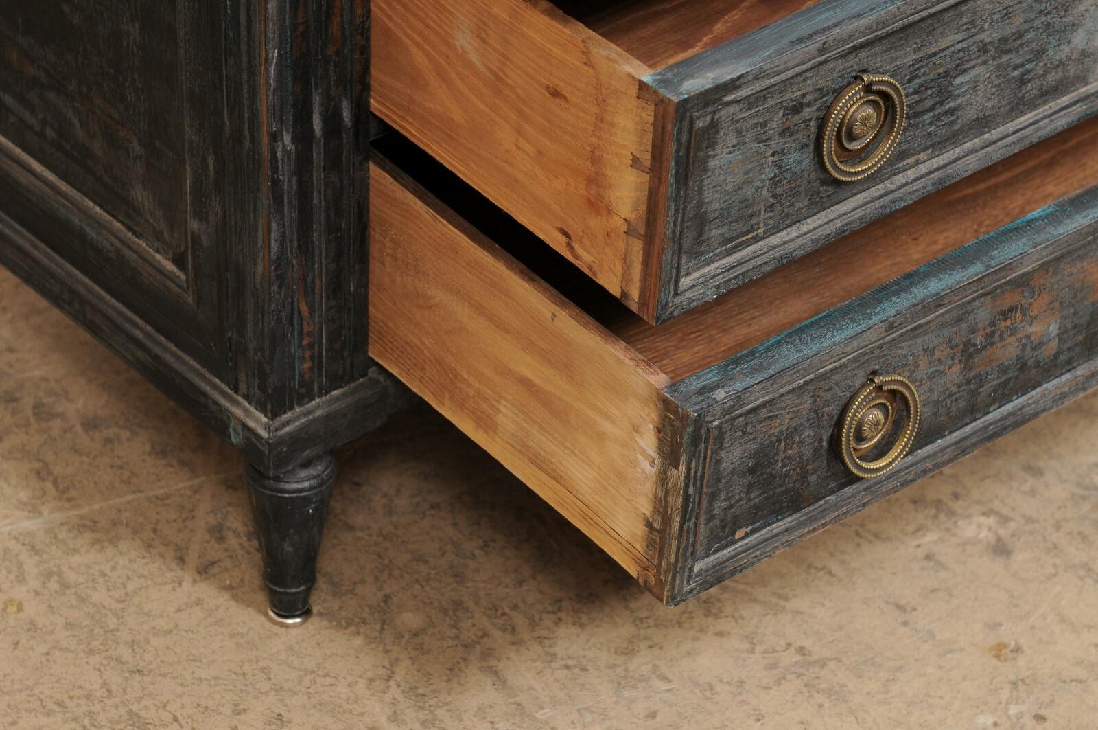 Neoclassical French 19th C. Secretary Chest Neoclassic Brass Hardware, Black Finish w/Blue For Sale