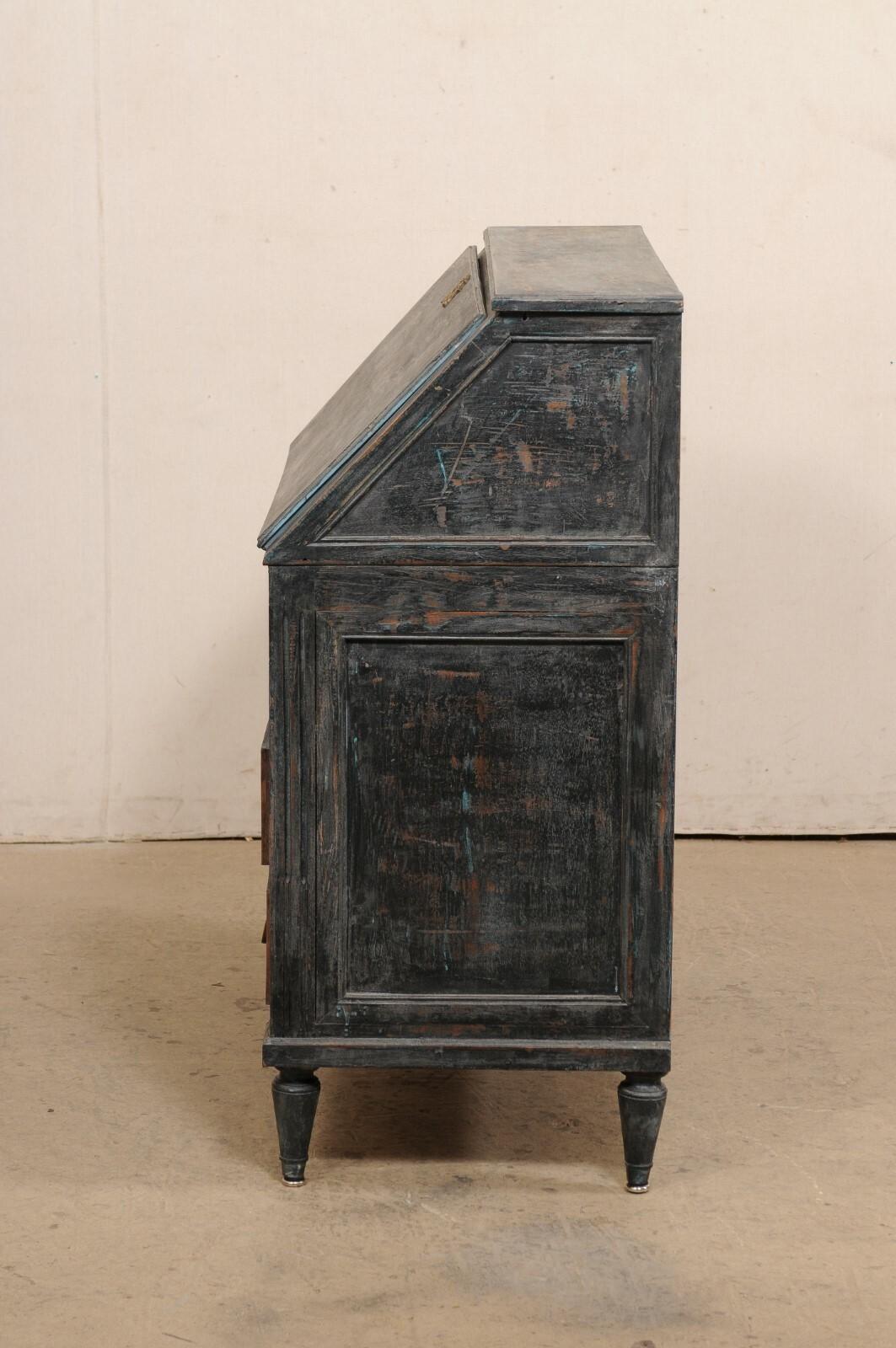 19th Century French 19th C. Secretary Chest Neoclassic Brass Hardware, Black Finish w/Blue For Sale