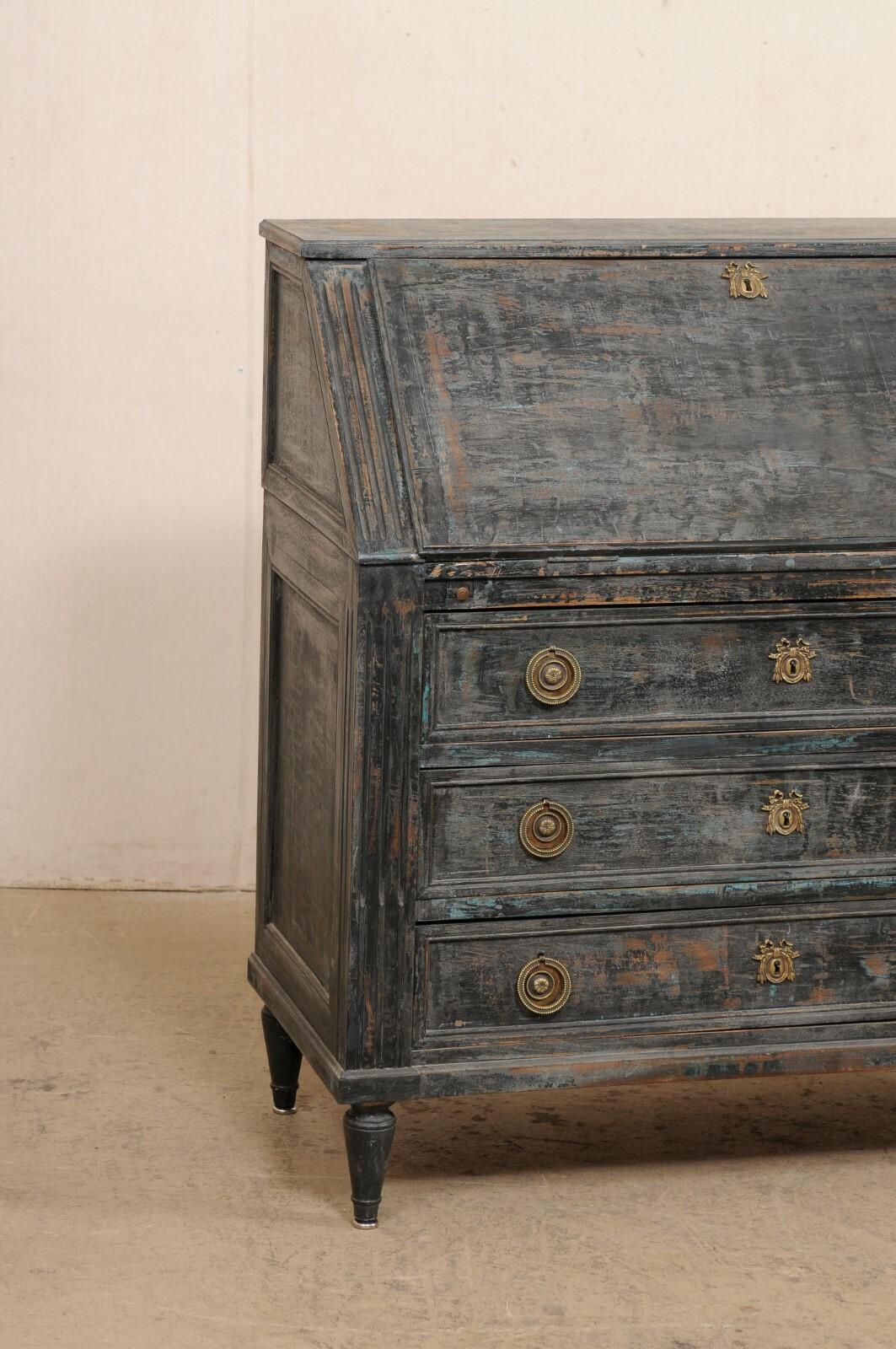 Wood French 19th C. Secretary Chest Neoclassic Brass Hardware, Black Finish w/Blue For Sale