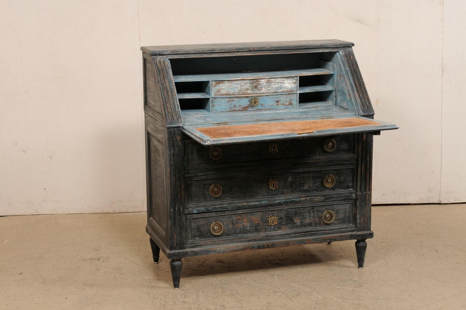 French 19th C. Secretary Chest Neoclassic Brass Hardware, Black Finish w/Blue For Sale 1