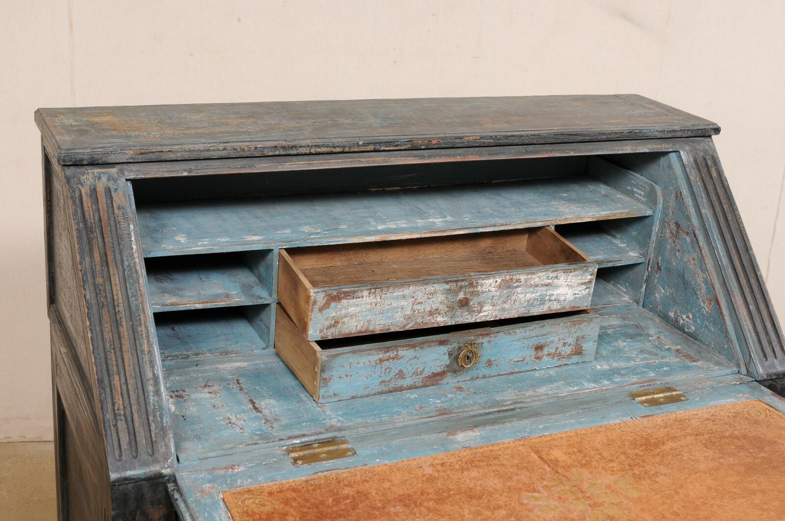 French 19th C. Secretary Chest Neoclassic Brass Hardware, Black Finish w/Blue For Sale 2