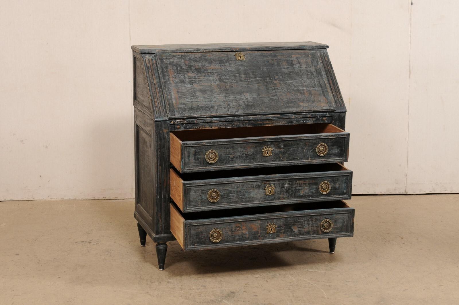 French 19th C. Secretary Chest Neoclassic Brass Hardware, Black Finish w/Blue For Sale 3