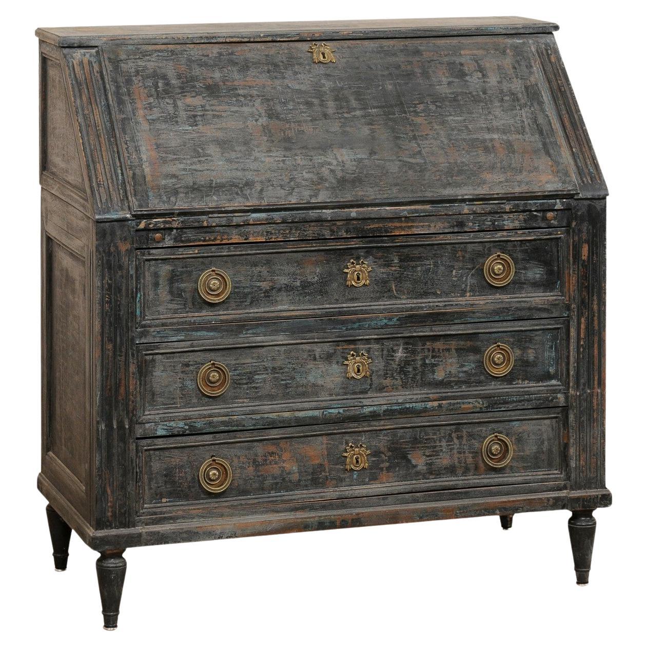 French 19th C. Secretary Chest Neoclassic Brass Hardware, Black Finish w/Blue For Sale