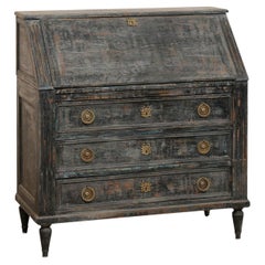 Antique French 19th C. Secretary Chest Neoclassic Brass Hardware, Black Finish w/Blue