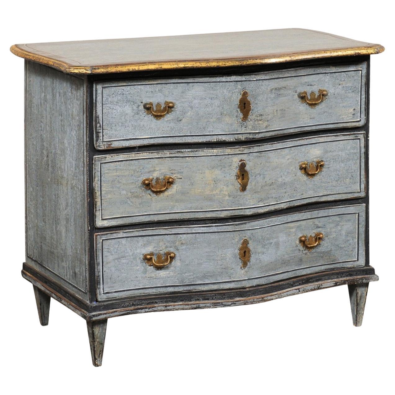 French 19th C. Serpentine Commode, Blue Finish w/Gold Trim For Sale