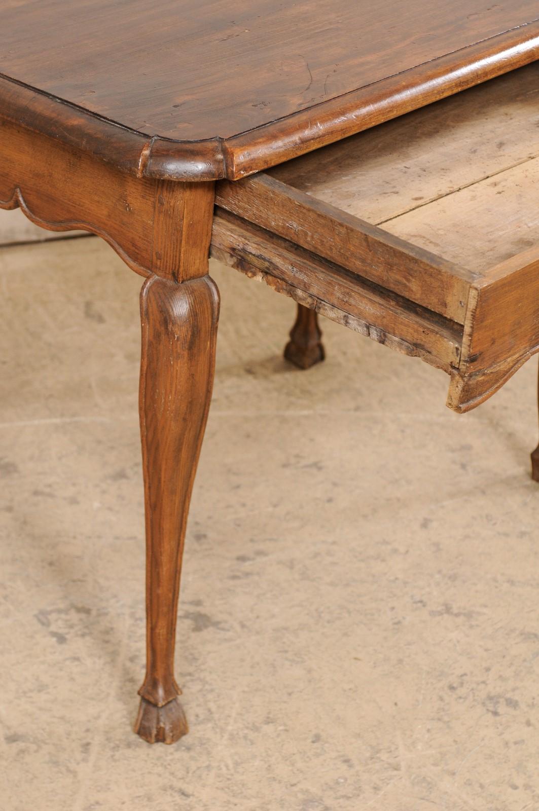 Wood French 19th c. Smaller-Sized Table w/Drawer, All Sides Carved & Hoof Feet For Sale