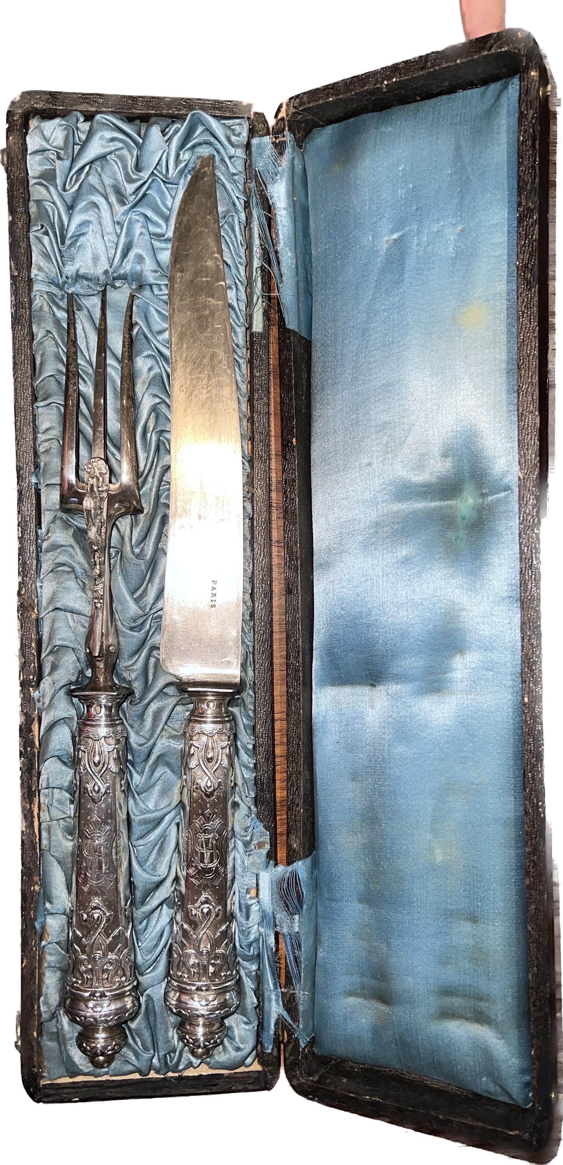 French 19th C. Sterling Silver Carving Set Hallmarked Paris In Good Condition For Sale In Brooklyn, NY