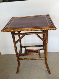 French 19Th. C. Tortoiseshell Bamboo Table With Red Tooled Leather Top