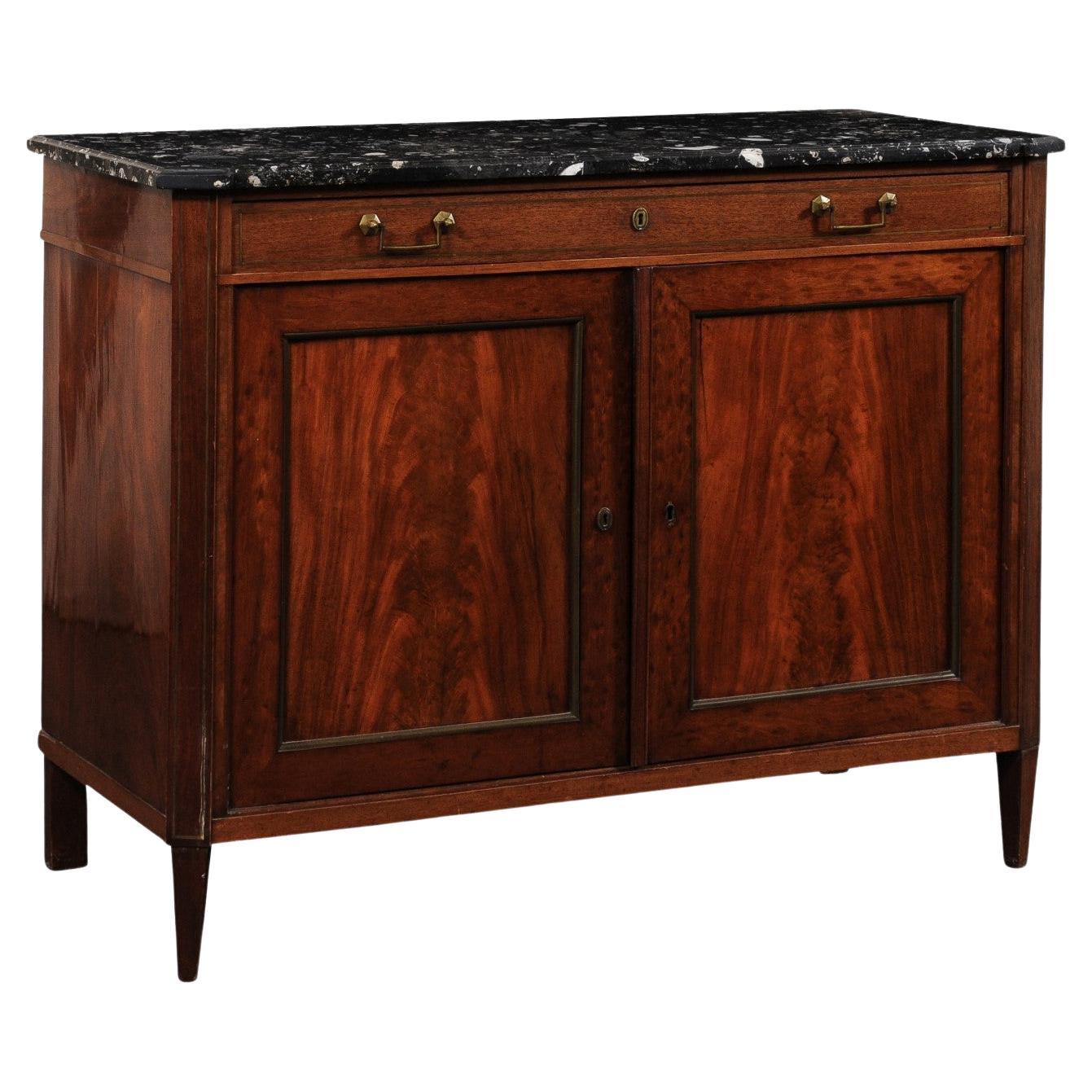 Mobile buffet francese del XIX secolo a due ante con bel piano in marmo nero