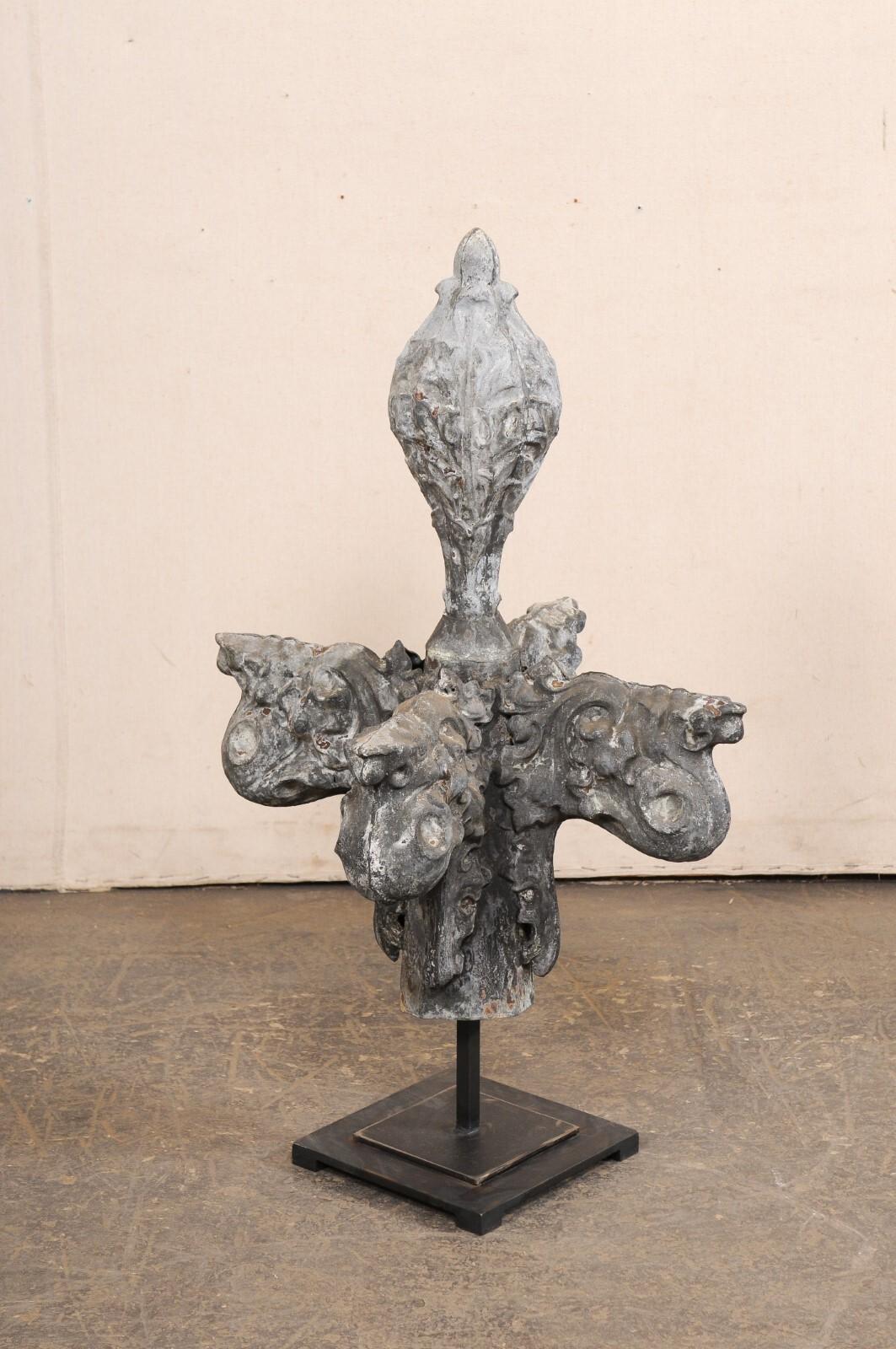 French 19th C. Zinc Finial Fragment on Custom Iron Stand, 3 Ft Height For Sale 6