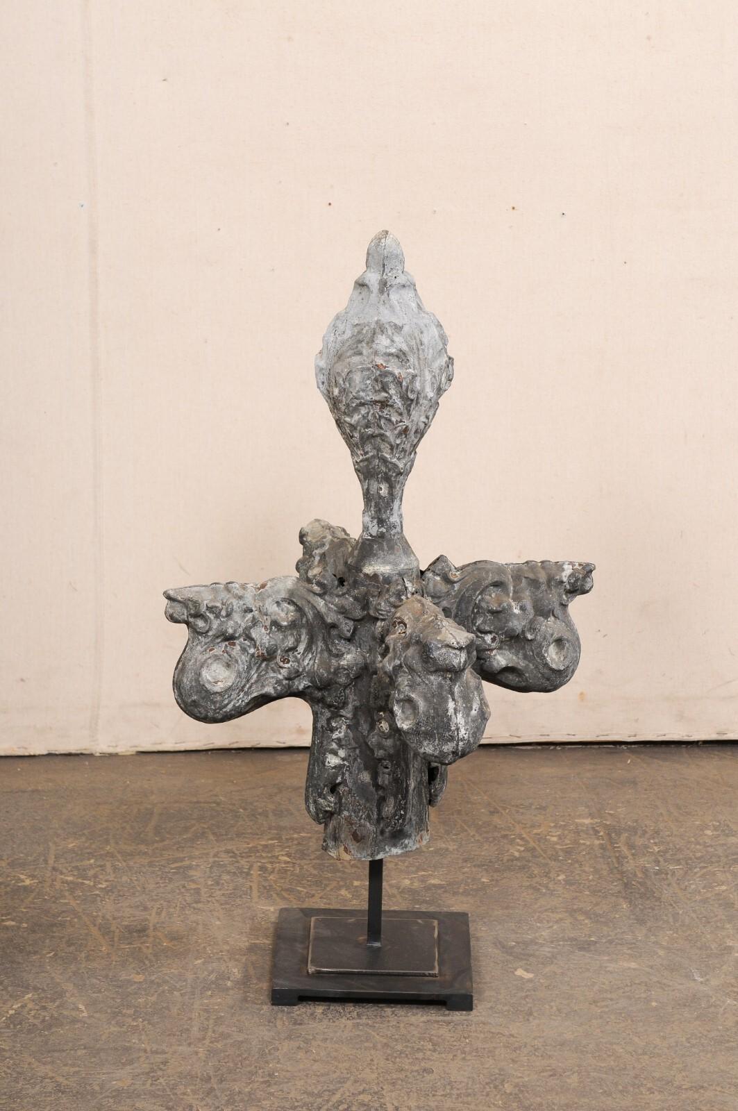 French 19th C. Zinc Finial Fragment on Custom Iron Stand, 3 Ft Height For Sale 7