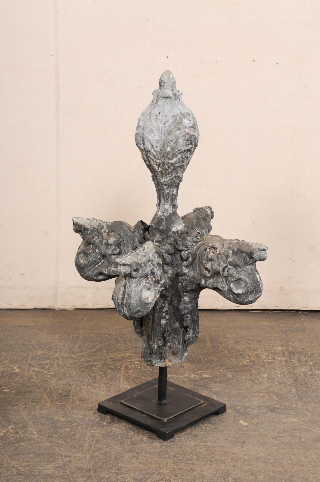 French 19th C. Zinc Finial Fragment on Custom Iron Stand, 3 Ft Height For Sale 8