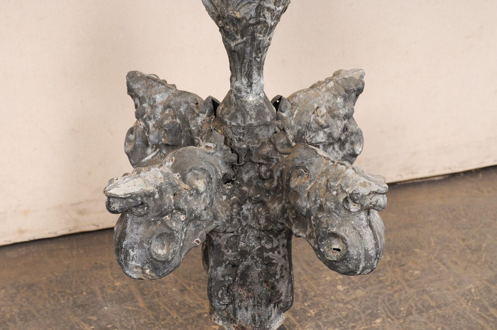 19th Century French 19th C. Zinc Finial Fragment on Custom Iron Stand, 3 Ft Height For Sale