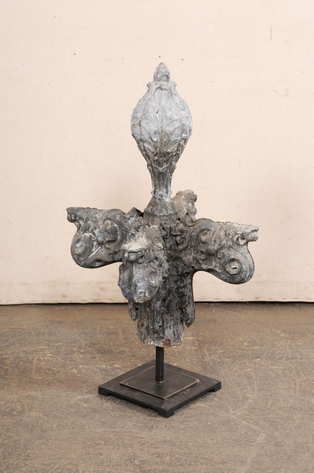 French 19th C. Zinc Finial Fragment on Custom Iron Stand, 3 Ft Height For Sale 2