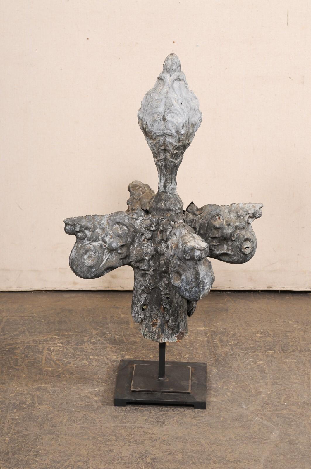 French 19th C. Zinc Finial Fragment on Custom Iron Stand, 3 Ft Height For Sale 3