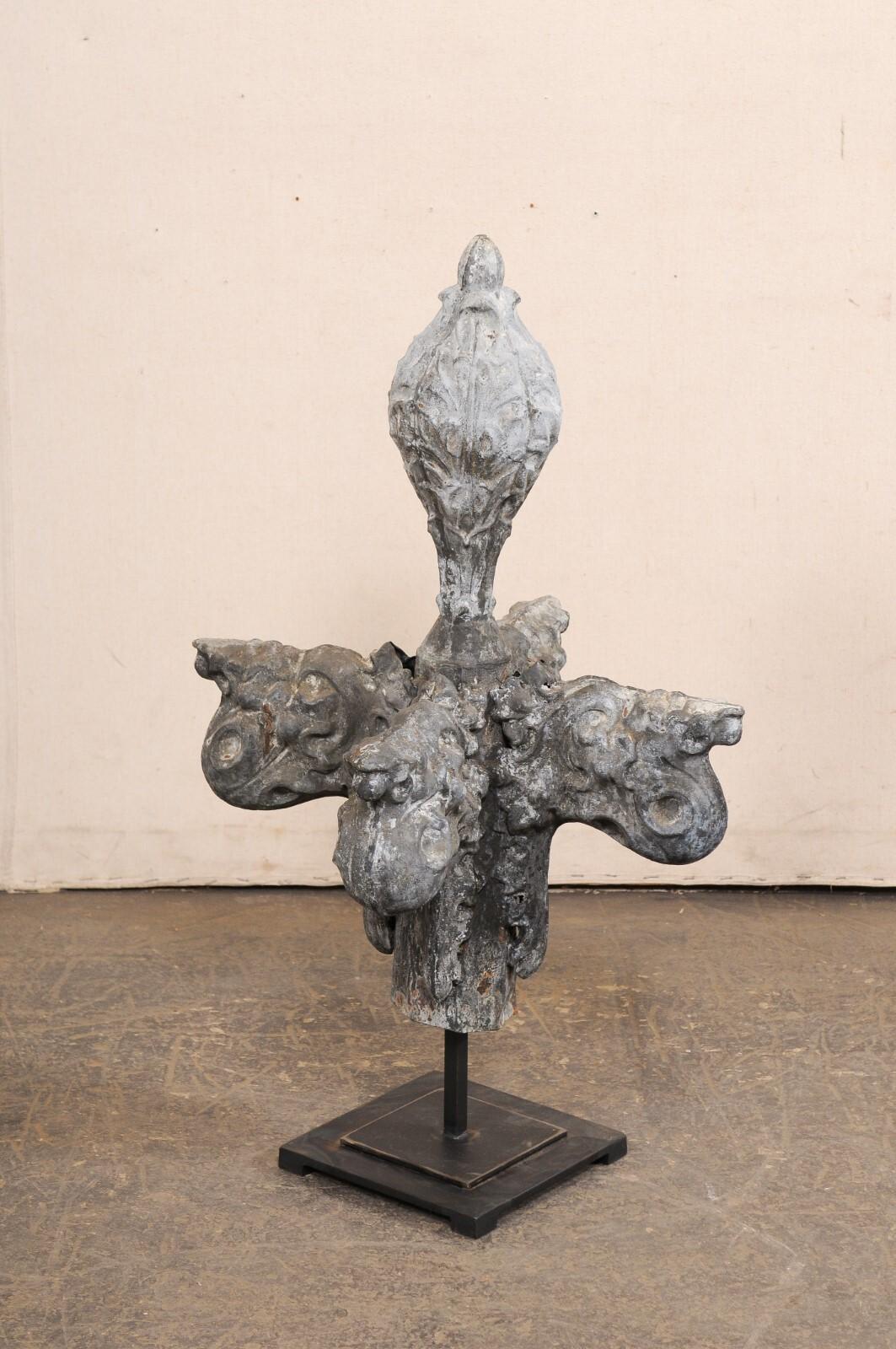 French 19th C. Zinc Finial Fragment on Custom Iron Stand, 3 Ft Height For Sale 4