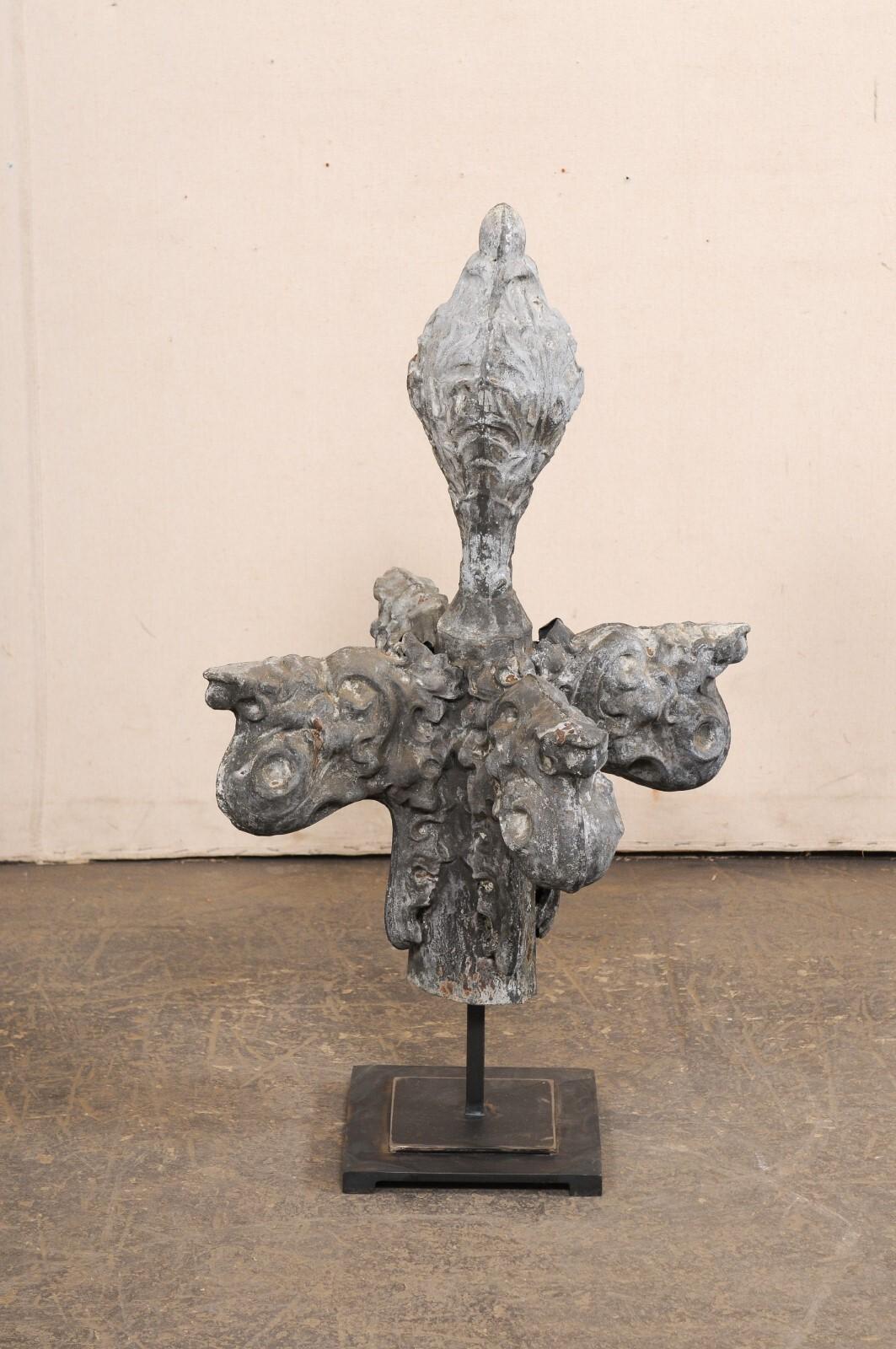 French 19th C. Zinc Finial Fragment on Custom Iron Stand, 3 Ft Height For Sale 5