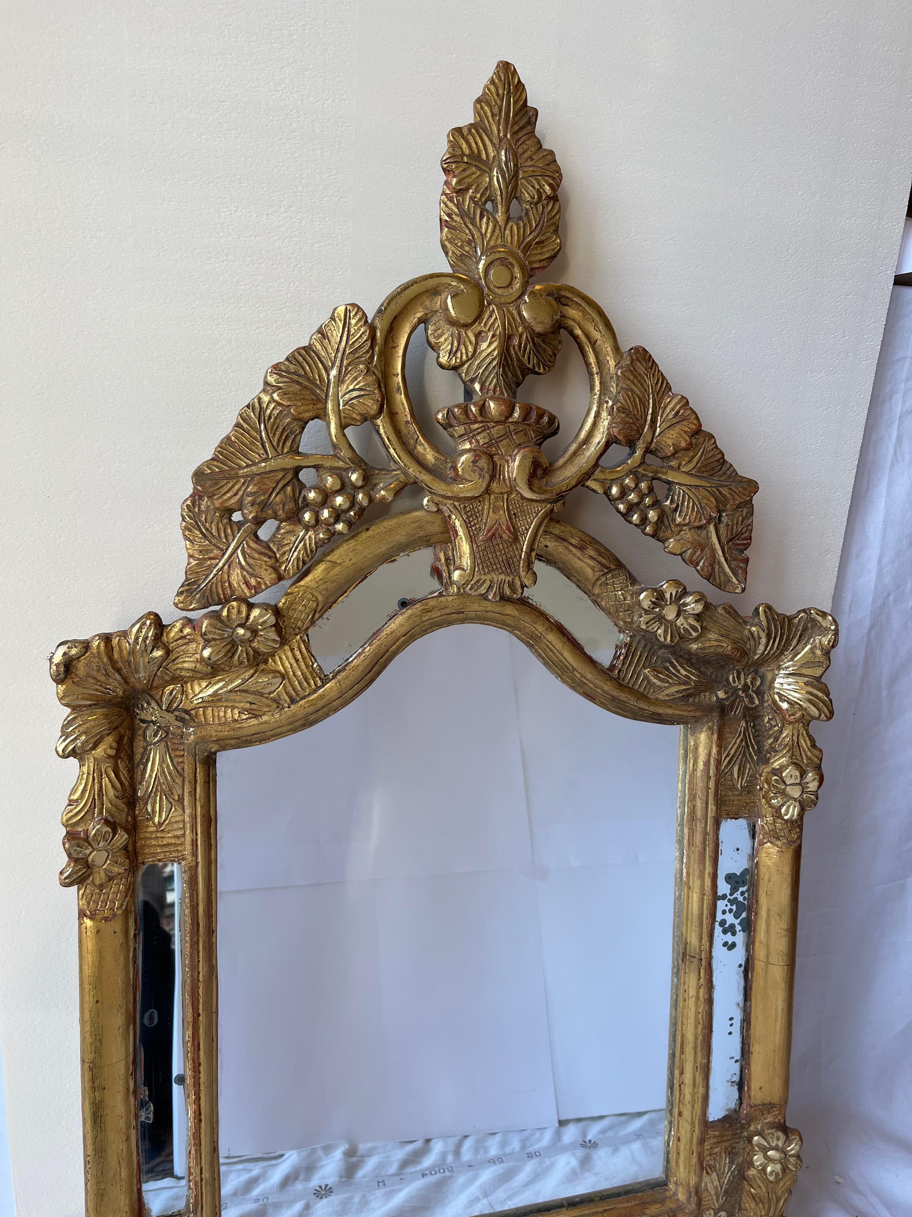 Baroque French 19th Cent Glazing Bead Golden Wood Carved Mirror For Sale