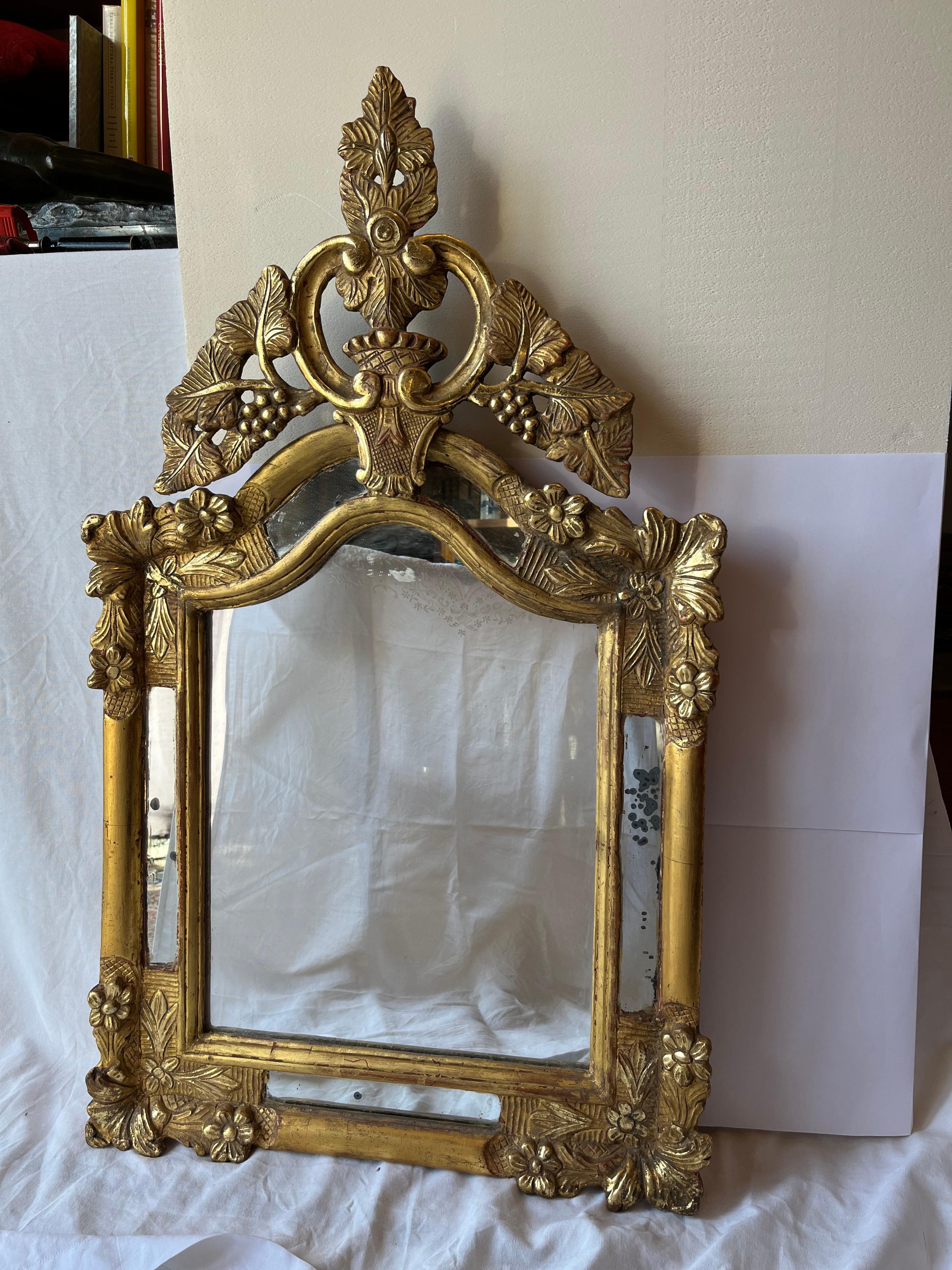Hand-Carved French 19th Cent Glazing Bead Golden Wood Carved Mirror For Sale